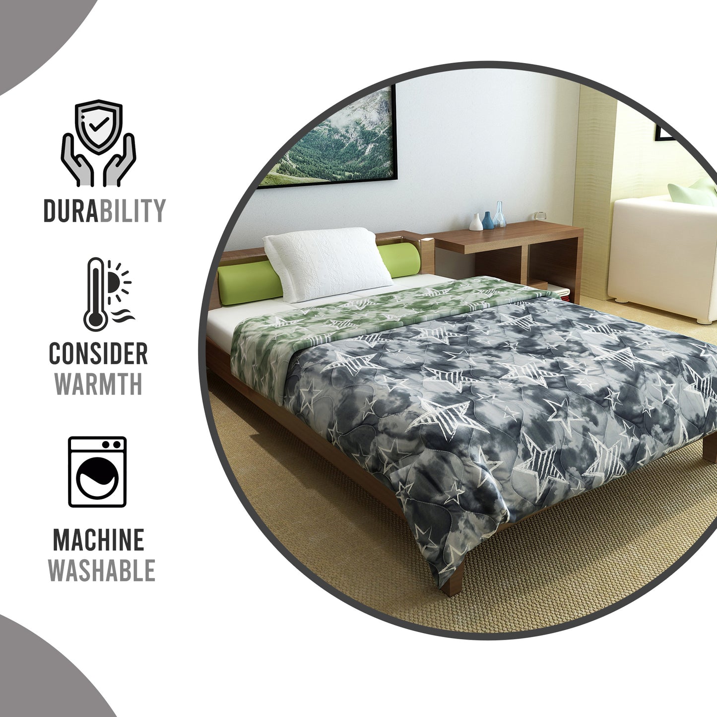 Green & Grey Abstract Single Bed Comforter – 120 GSM Microfiber