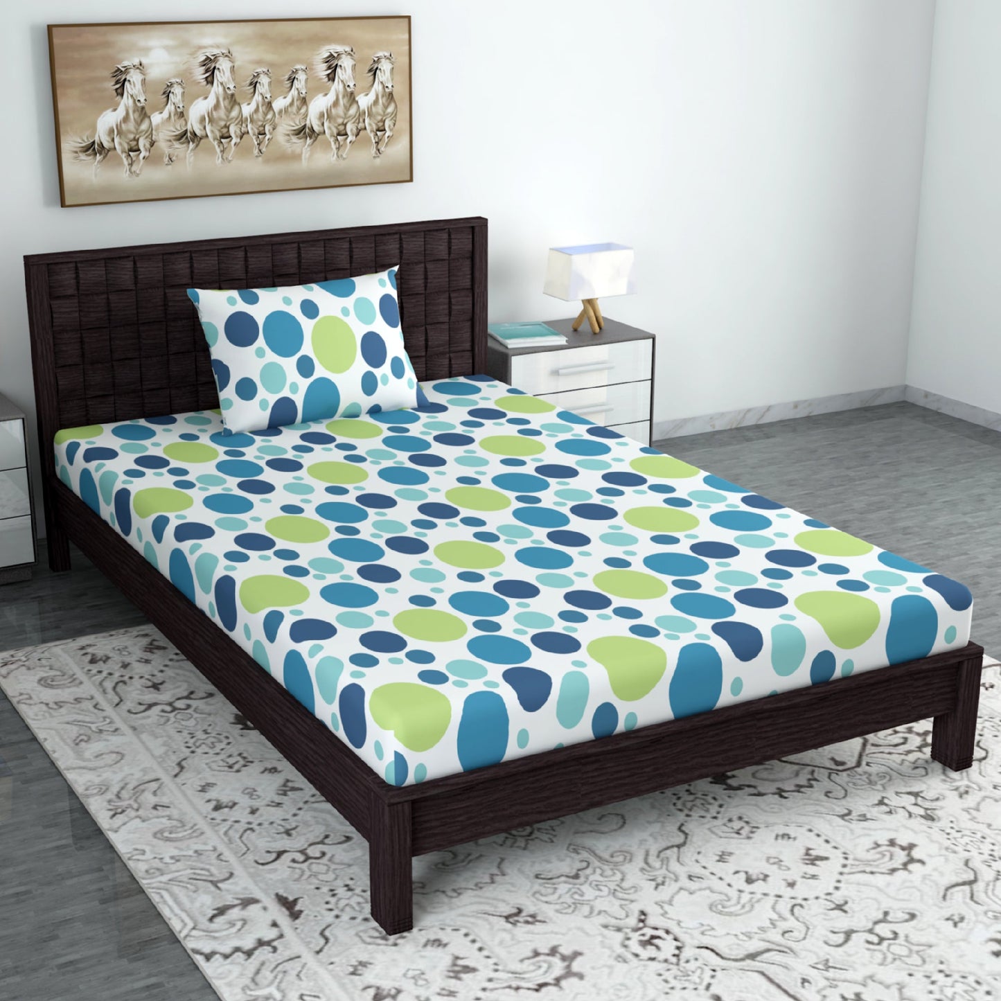 Blue Multicolor 144 TC 100% Cotton Polka Dot Bedsheet for Single Bed with 1 Pillow Covers For Bedroom