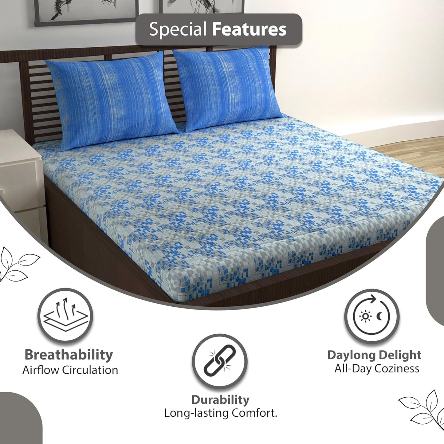 Grey & Blue Mosaic Bloom 144 TC Cotton Double Bedsheet With 2 Pillowcovers