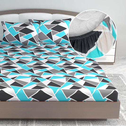 Triangle Blue and Grey Elastic Fitted King Bed Bedsheet