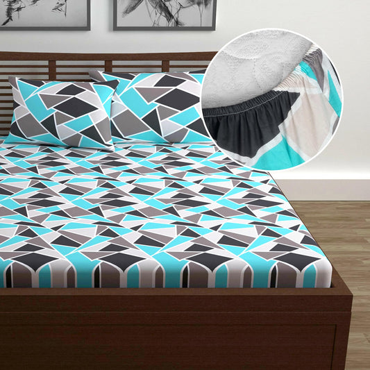 Triangle Blue and Grey Elastic Fitted Double Bed Bedsheet