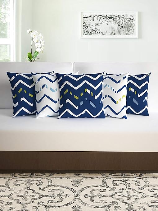 Microfiber Cushion Cover Set of 5 – Soft Durable Pillow Covers - Navy Blue & White
