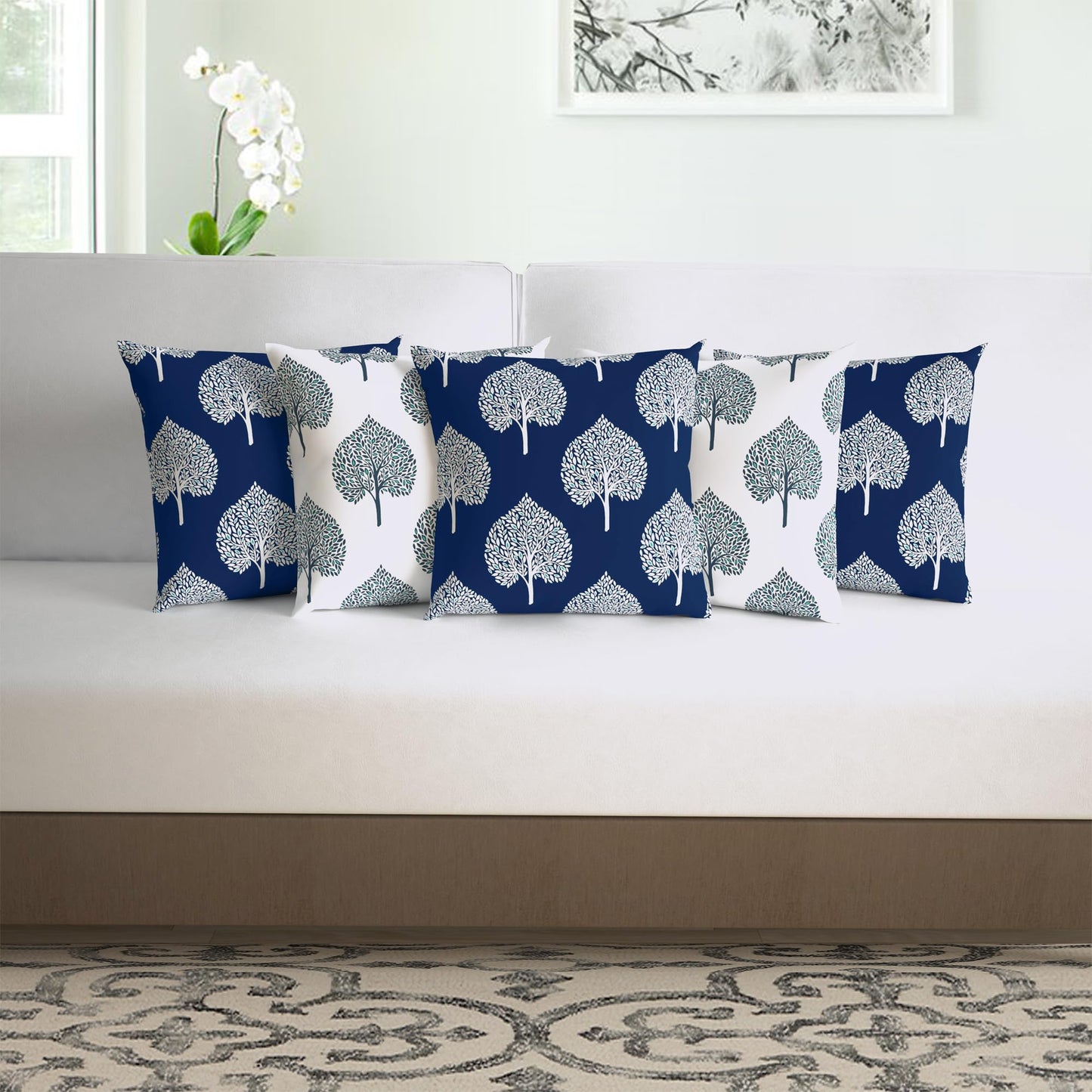 Blue and White Set of 5 Microfiber Cushion Covers 16x16 Inchs (40x40,CM)