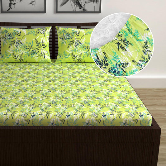 Lady Fern Floral Lime Green Elastic Fitted Double Bed Bedsheet