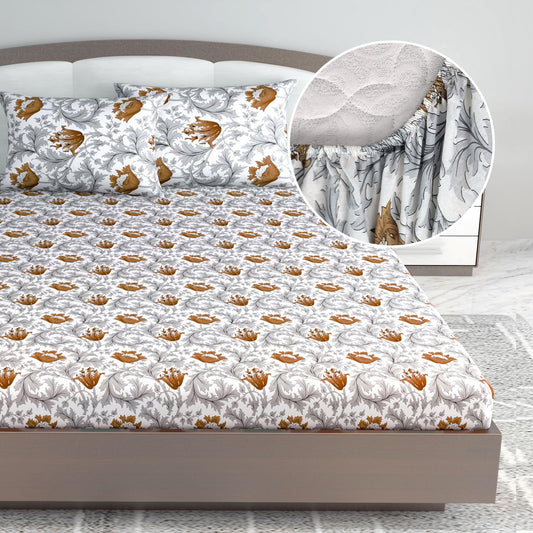 Tulip Floral Grey and Brown Elastic Fitted King Bed Bedsheet