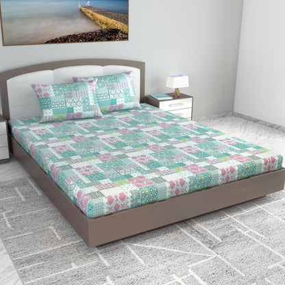 Teal Jaipuri Print 100% Cotton Bedsheets for King Size