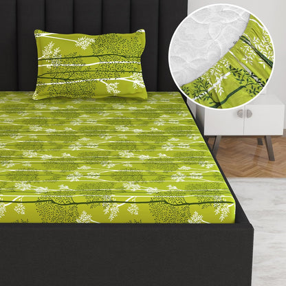 Green Leaflet Elastic Fitted Bedsheet For Single Bed