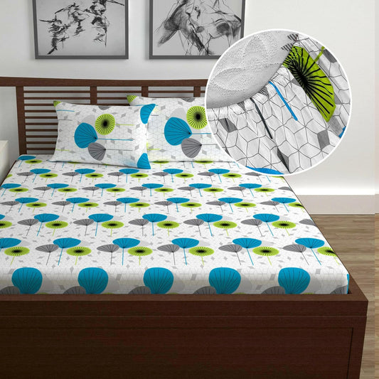 Blue Floral Elastic Fitted Double Bed Bedsheet