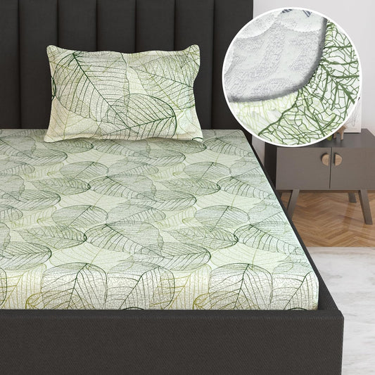 Green Dry Leaves Texture Elastic Fitted Bedsheet For Single Bed