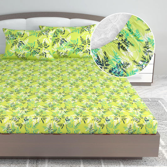 Lady Fern Floral Lime Green Elastic Fitted King Bed Bedsheet