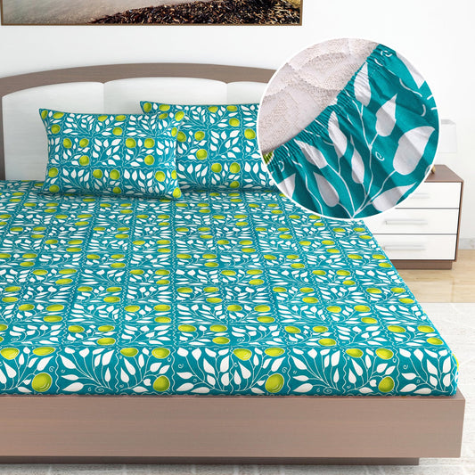 Blue Elegant Floral Print Elastic Fitted King Bed Bedsheet