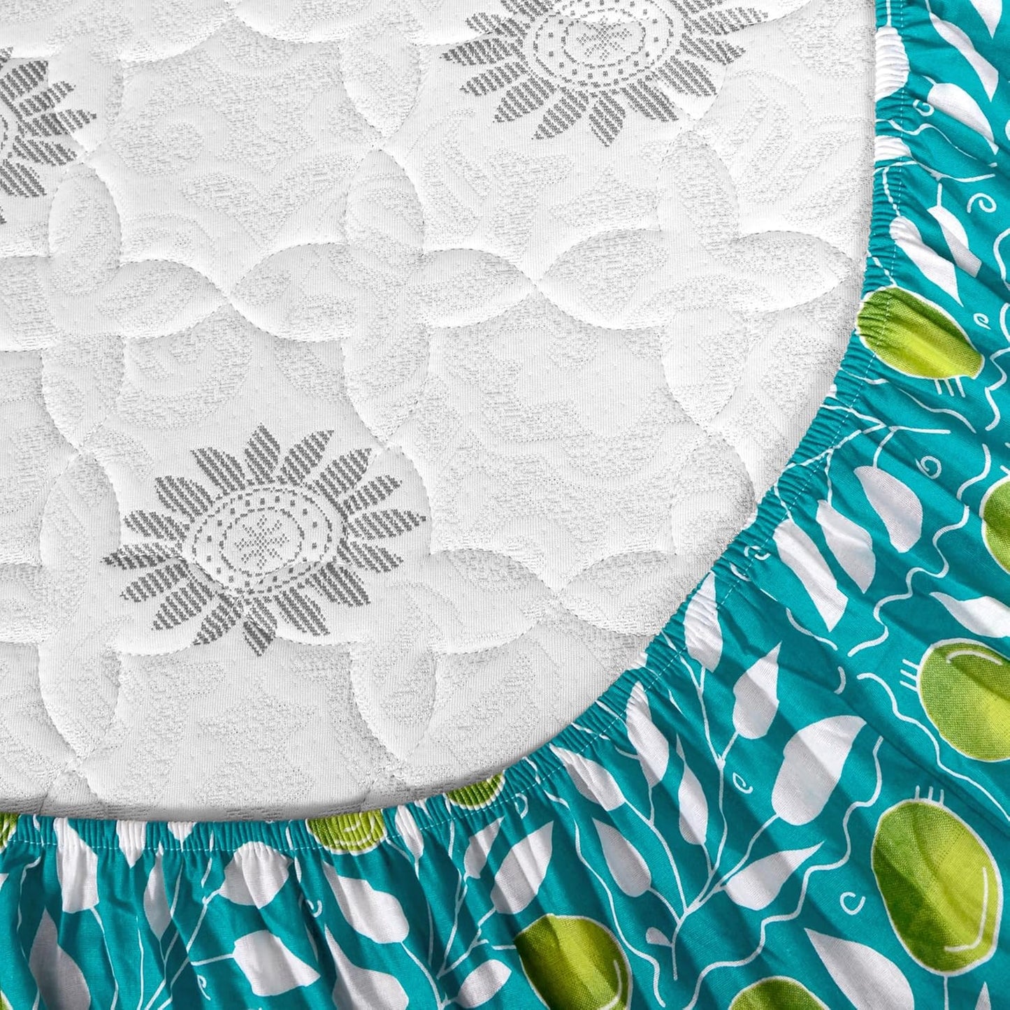Teal Green & Yellow Clementine Pattern 144 TC Cotton Elastic Fitted Single Bed Bedsheet