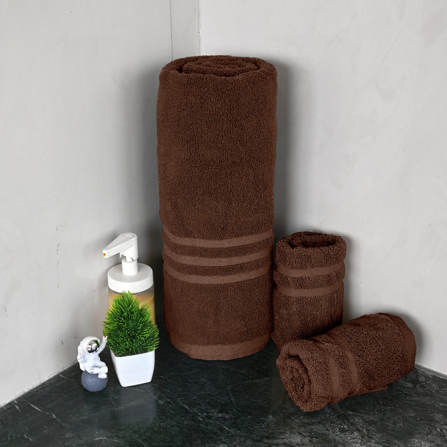 Brown Cotton Set of 3 Bath & Hand Towels Combo (40x60 cm, 30x30 cm)