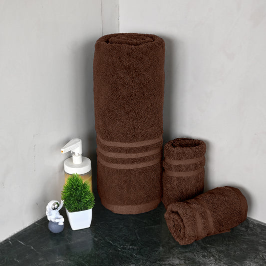 Brown Cotton Set of 3 Bath & Hand Towels Combo (40x60 cm, 30x30 cm)