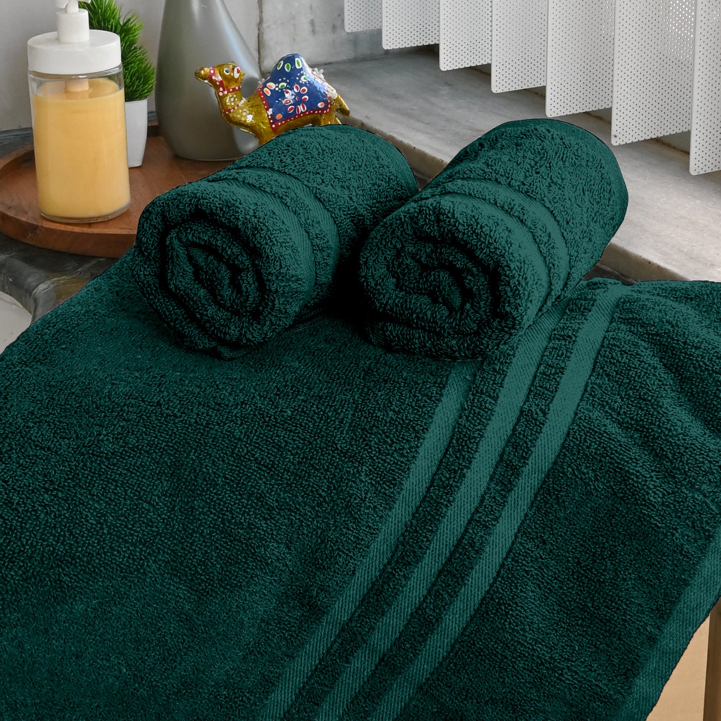 Green Cotton Set of 3 Bath & Hand Towels Combo (40x60 cm, 30x30 cm)