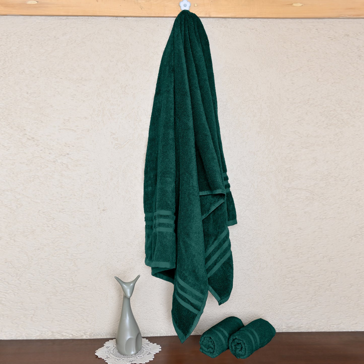 Green Cotton Set of 3 Bath & Hand Towels Combo (40x60 cm, 30x30 cm)