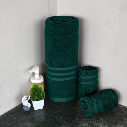 Green Cotton Set of 3 Bath & Hand Towels Combo (40x60 cm, 30x30 cm)