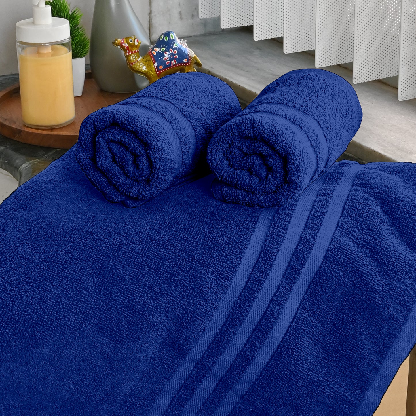 Blue Cotton Set of 3 Bath & Hand Towels Combo (40x60 cm, 30x30 cm)