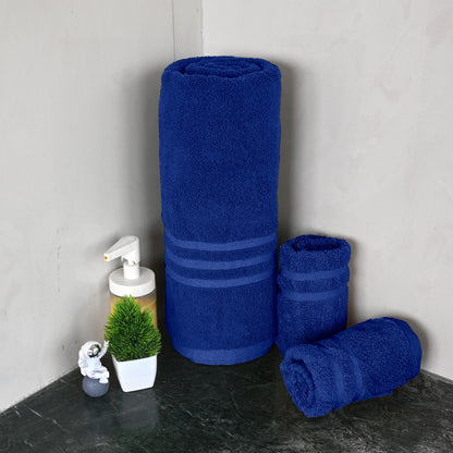 Blue Cotton Set of 3 Bath & Hand Towels Combo (40x60 cm, 30x30 cm)