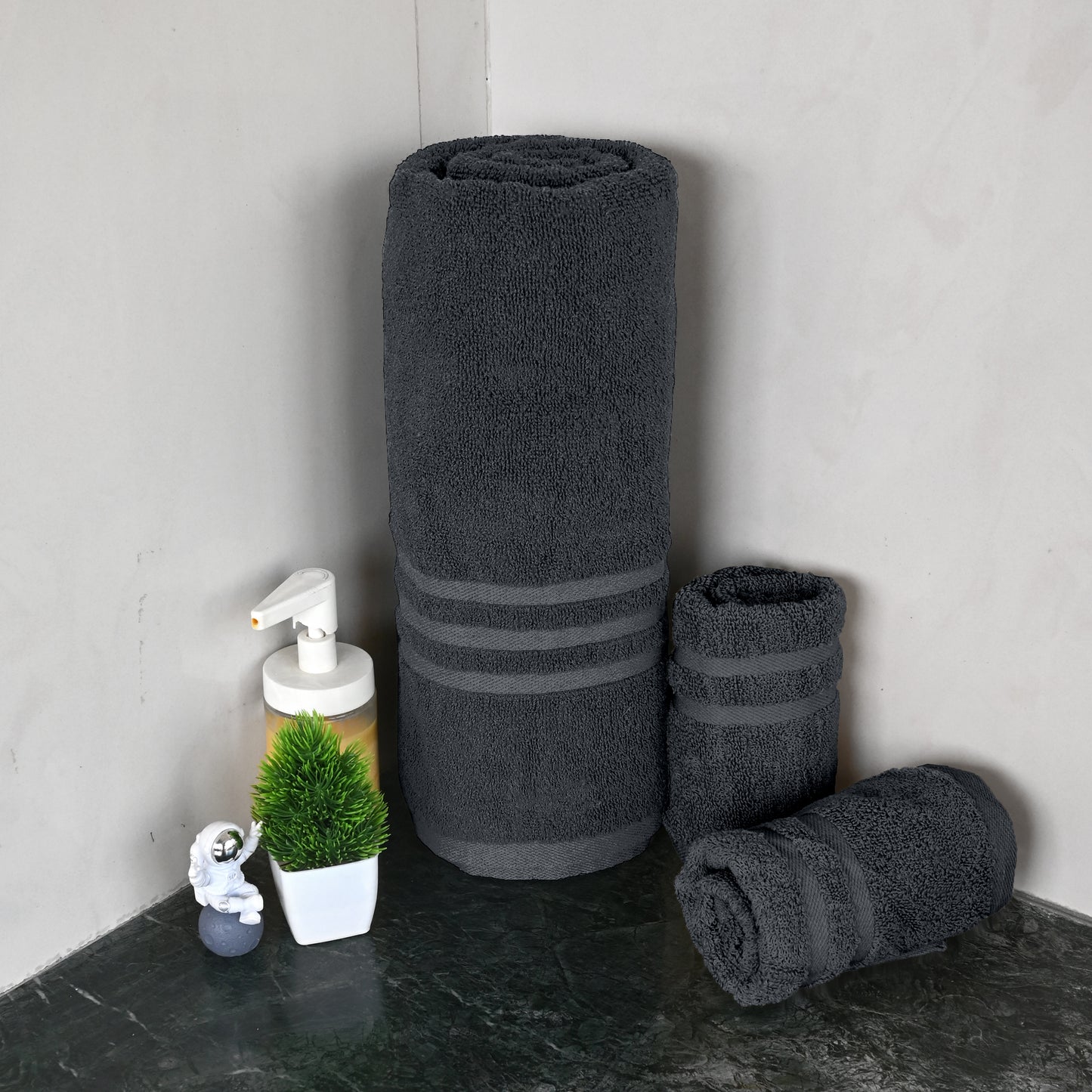 Grey Cotton Set of 3 Bath & Hand Towels Combo (40x60 cm, 30x30 cm)