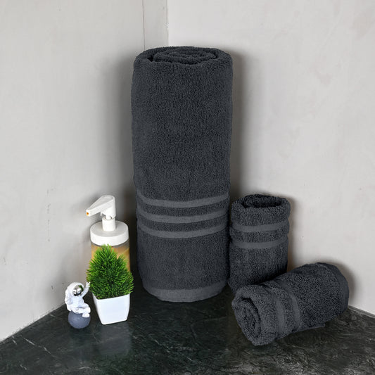 Grey Cotton Set of 3 Bath & Hand Towels Combo (40x60 cm, 30x30 cm)
