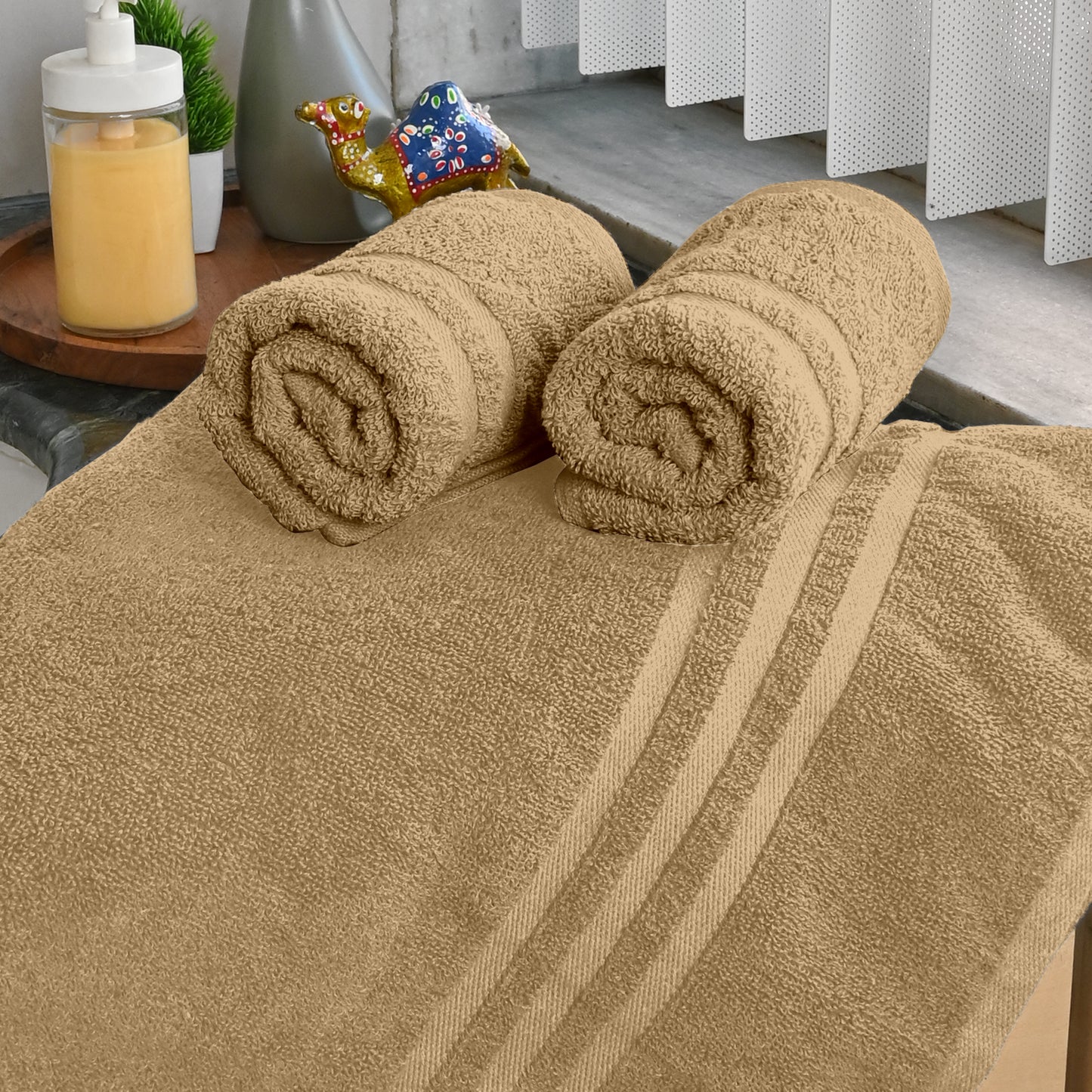 Beige Cotton Set of 3 Bath & Hand Towels Combo (40x60 cm, 30x30 cm)