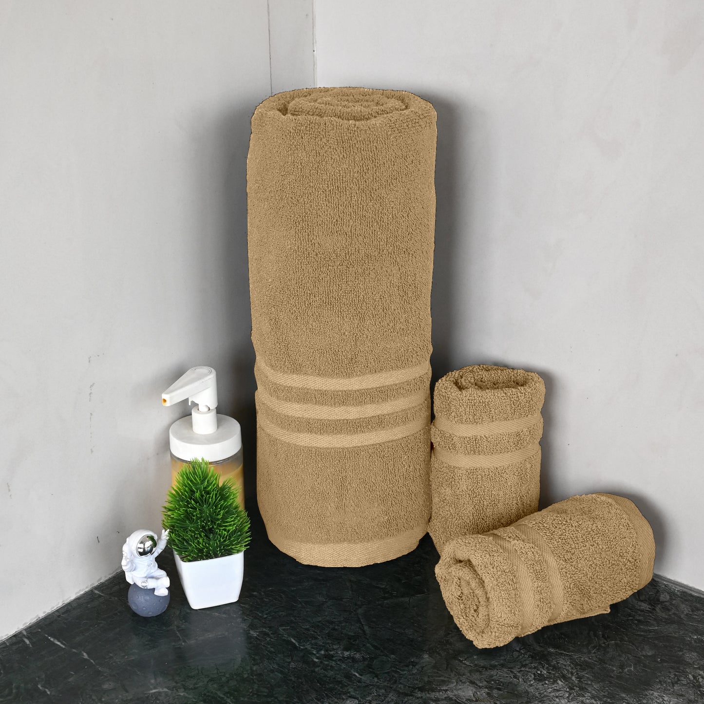 Beige Cotton Set of 3 Bath & Hand Towels Combo (40x60 cm, 30x30 cm)