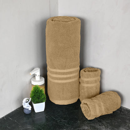Beige Cotton Set of 3 Bath & Hand Towels Combo (40x60 cm, 30x30 cm)