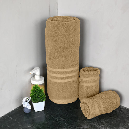 Beige Cotton Set of 3 Bath & Hand Towels Combo (40x60 cm, 30x30 cm)