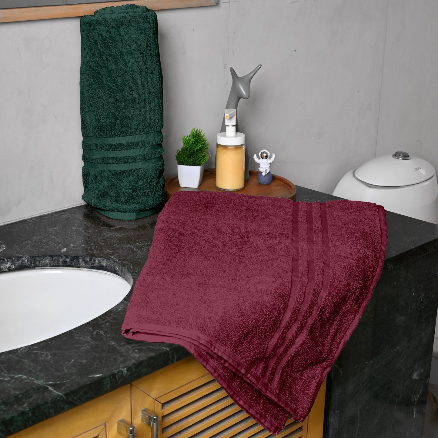 Maroon & Green Cotton Bath Towels Set of 2 (150x75 cm)