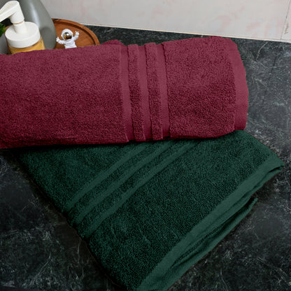 Maroon & Green Cotton Bath Towels Set of 2 (150x75 cm)