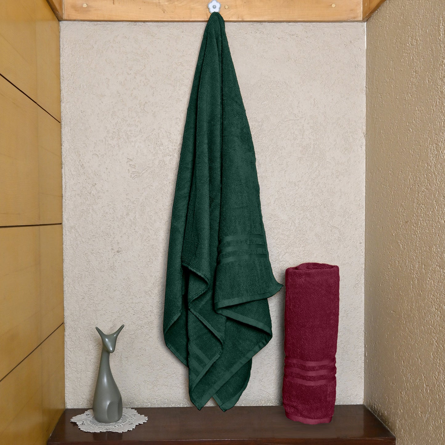 Maroon & Green Cotton Bath Towels Set of 2 (150x75 cm)