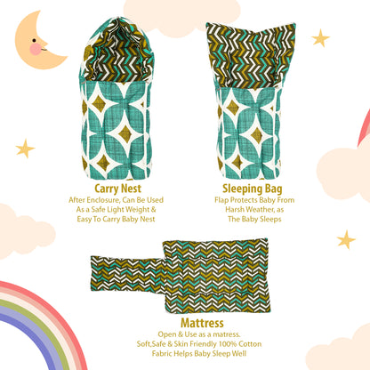 Geometric Green Baby Sleeping Bag & Carry Nest for New Born & Infants (0-4 Months)
