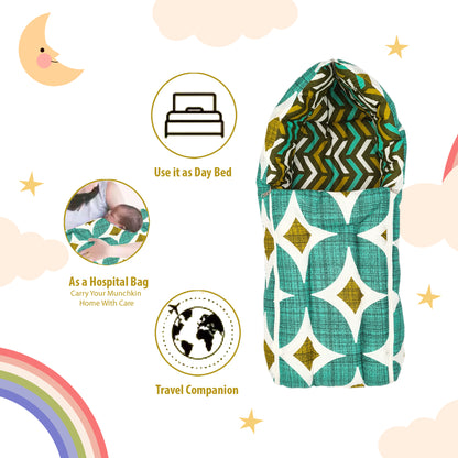 Geometric Green Baby Sleeping Bag & Carry Nest for New Born & Infants (0-4 Months)