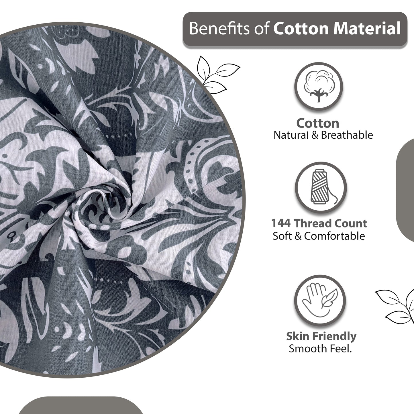 Grey & Blue Floral 144 TC Cotton Single Bedsheet With 1 Pillowcover