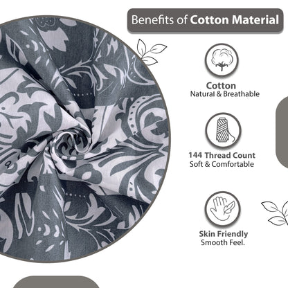 Grey & Blue Floral 144 TC Cotton King Bedsheet With 2 Pillowcovers
