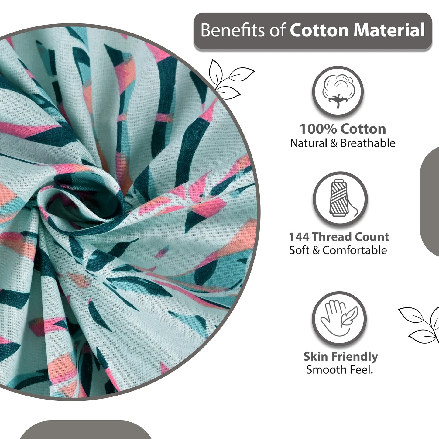 Light Blue Pink Tropical Leaf 144 TC Cotton Double Bedsheet With 2 Pillowcovers