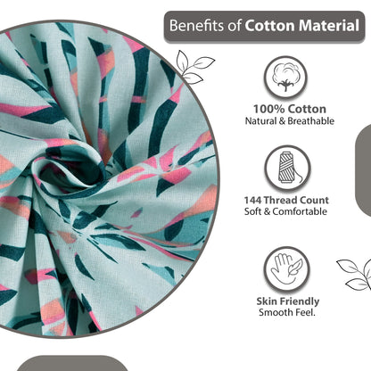 Light Blue Pink Tropical Leaf 144 TC Cotton Double Bedsheet With 2 Pillowcovers