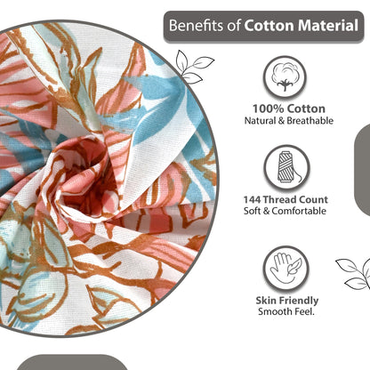 Peach & Teal Coral Breeze 144 TC Cotton Double Bedsheet With 2 Pillowcovers