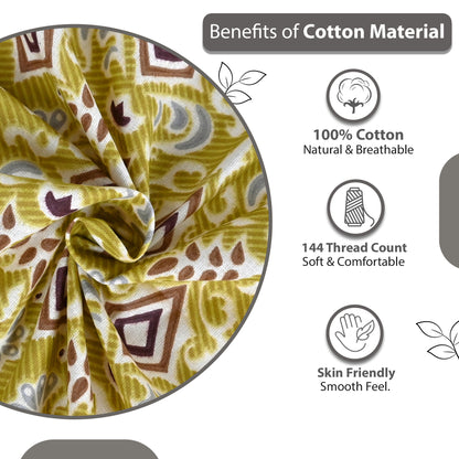 Yellow Ikat Diamond 144 TC Cotton Double Bedsheet With 2 Pillowcovers