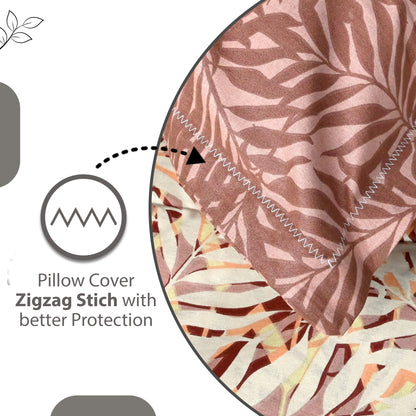 Beige & Maroon Floral Leaf 144 TC Cotton Double Bedsheet With 2 Pillowcovers