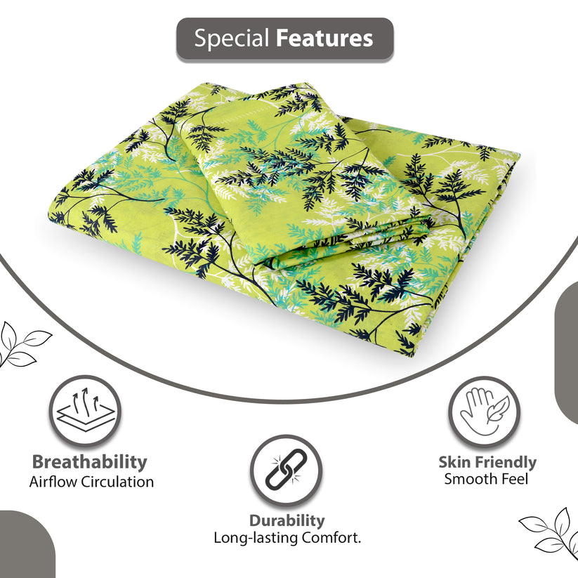 Lady Fern Floral Lime Green Bedsheet for Single Bed - 100% Cotton