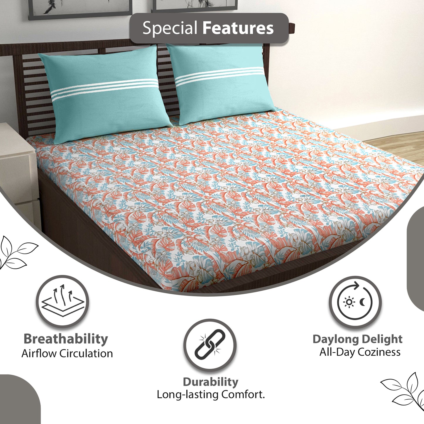 Peach & Teal Coral Breeze 144 TC Cotton Double Bedsheet With 2 Pillowcovers