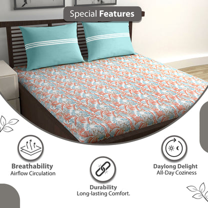 Peach & Teal Coral Breeze 144 TC Cotton Double Bedsheet With 2 Pillowcovers