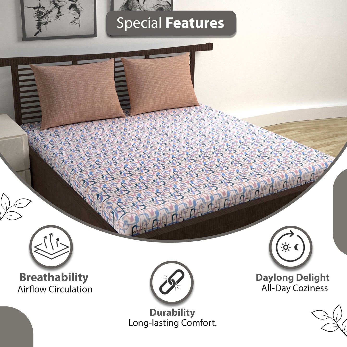 Spectra Blue Abstract Weave 144 TC Cotton Double Bedsheet With 2 Pillowcovers