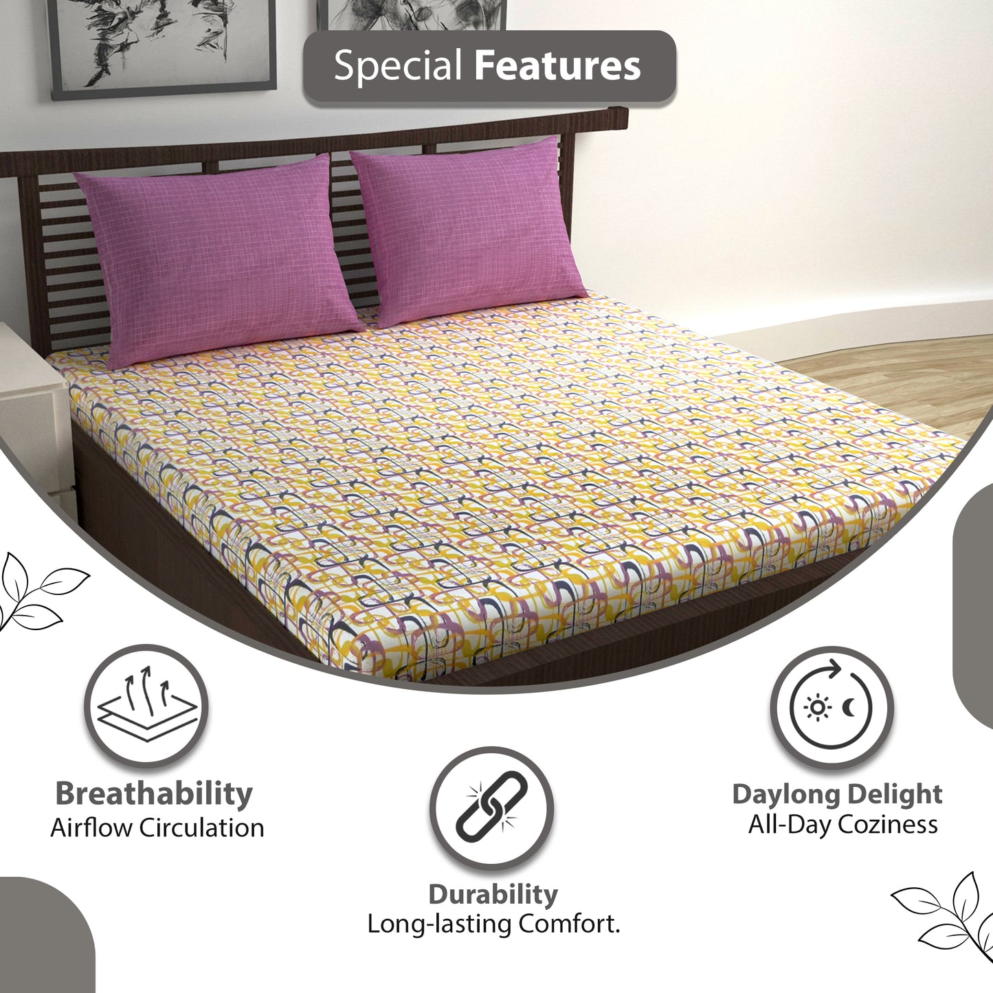 Spectra Yellow Abstract Weave 144 TC Cotton Double Bedsheet With 2 Pillowcovers