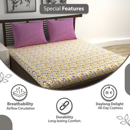 Spectra Yellow Abstract Weave 144 TC Cotton Double Bedsheet With 2 Pillowcovers