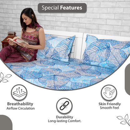 Light Blue Floral 144 TC Cotton King Bedsheet With 2 Pillowcovers