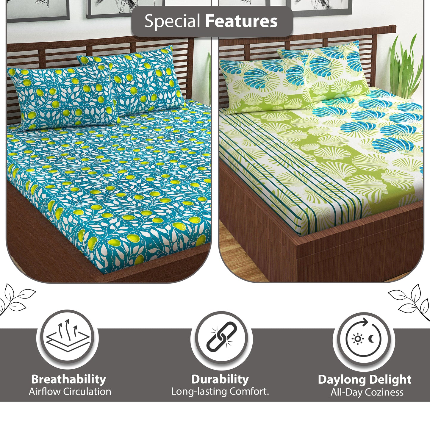 Green and Blue Floral Print Combo Set of 2 Bedsheet for Double Bed