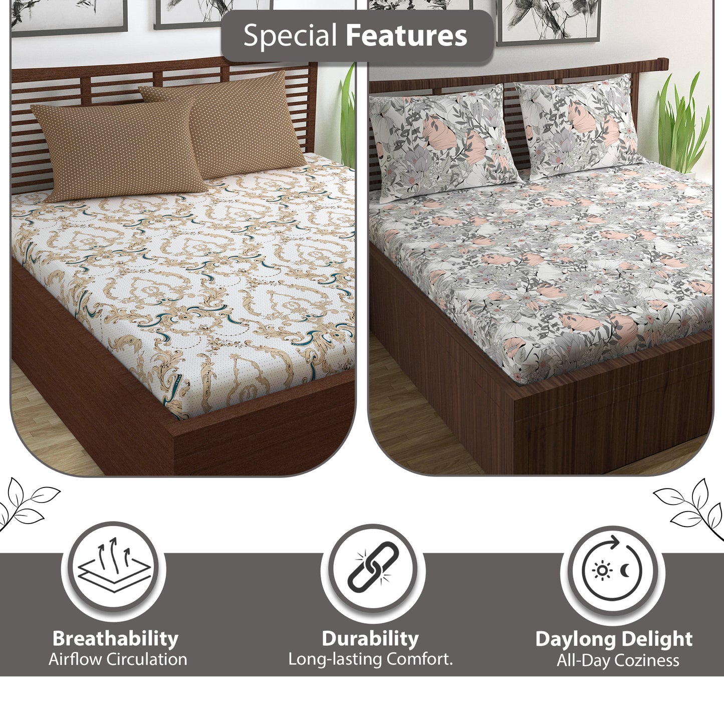 Beige and Grey Floral Print Combo Set of 2 Bedsheet for Double Bed